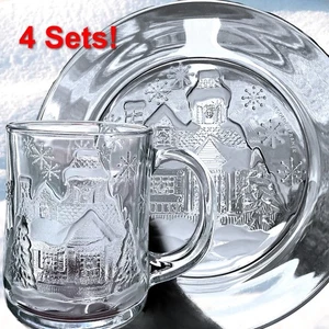 4 Sets Arcoroc France ::WINTER WONDERLAND:: Mug & Dessert Plate Glass Christmas - Picture 1 of 3
