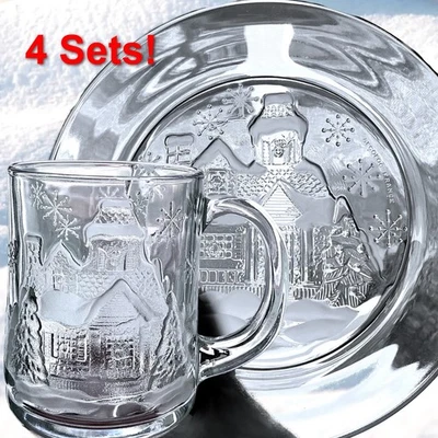 4 Sets Arcoroc France ::WINTER WONDERLAND:: Mug & Dessert Plate Glass Christmas - Image 1 of 3