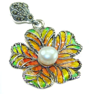 Pearl Pendant 925 Sterling Silver Orange Enamel Handcrafted Unique 5.9g - Image 1 of 4