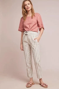 Pantalones Anthropologie Oasis Rayas Lino Algodón Cinturón Cintura Alta Talla 2 - Imagen 1 de 9