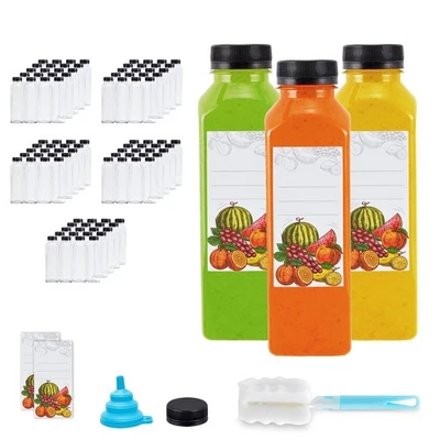 Juego de 100 (paquete de 5) botellas reutilizables de jugo de plástico transparente 16 oz con embudo, limpias... Foto 1 de 4