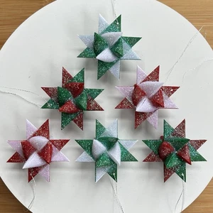 (6) Moravian Star Ornaments 2" Red White Green Handmade Paper Stars Wax Glitter - Picture 1 of 6