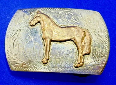 Винтажная немецкая серебряная западная пряжка ремня из серебра со стоящей лошадью - Изображение 1 из 4