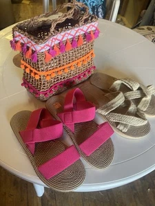 straw bag Pink & Orange Plus 2 Pair Sandals Combo 6.5 2 Pairs Heart Sunglasses - Picture 1 of 7