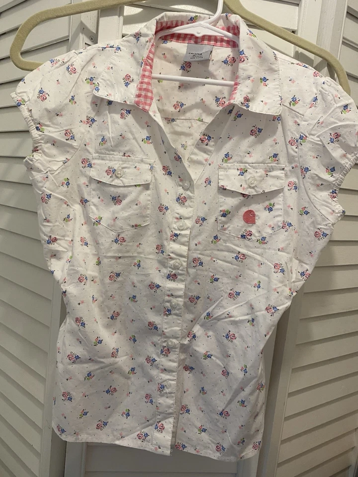 CARHARTT Girls “Floral Print Button Up Top” Size 10M White/Pink “C” EUC - Image 1 of 4