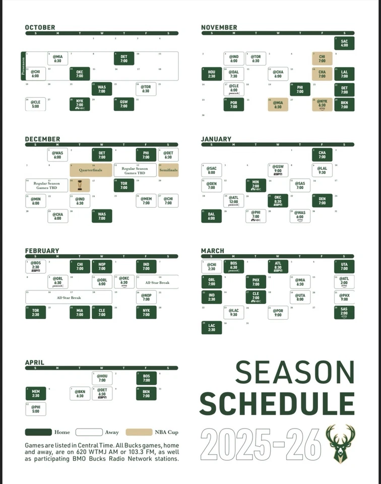 Milwaukee Bucks 2025-26 NBA Schedule Magnet 8” Laminated Fridge Calendar - Image 1 of 1