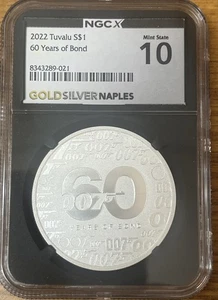 2022 Tuvalu $1 60 Years of Bond Years 1oz Silver Coin NGCX 10 (MS70 ) - Picture 1 of 3