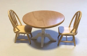 Dollhouse Miniature 1:12 Wood Round Pedestal Table w/ 2 Chairs - Picture 1 of 8