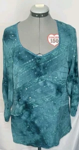 Dress Barn Green Embellished Sequin Top with 3/4 Sleeves- Size 1X - Picture 1 of 10
