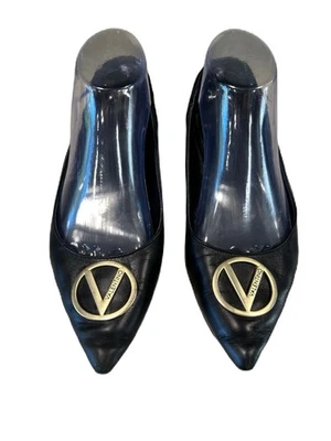 Valentino Vintage Pisos Mujer 7 Cuero Punta Terciopelo Tacón Logo Diseñador Foto 1 de 4