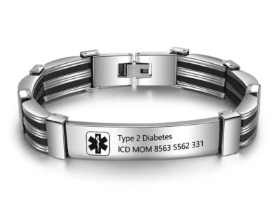 Pulsera de identificación de alerta médica enchapada en oro blanco de plata de ley 925 de 11 mm de ancho Foto 1 de 4