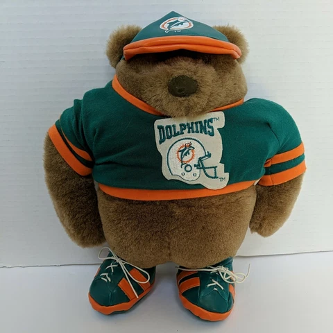 Vintage Miami Dolphins Teddy Bear Stuffed Animal NFL Jersey Hat & Shoes Laces Cover