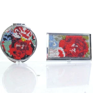 Spring Street Crochet Embroidered Mirror Compact Silvertone Metal 3" + CARD CASE - Picture 1 of 7