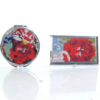 Spring Street Crochet Embroidered Mirror Compact Silvertone Metal 3" + CARD CASE - Image 1 of 4