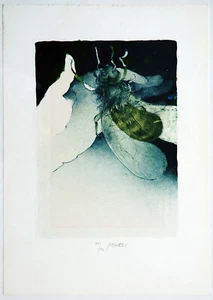Signierte Farblithographie: Biene in schützender Hand 1991 numeriert Ausstellung - Bild 1 von 6
