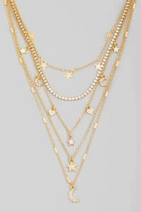 Womens Multi Chain Layered Rhinestone Fashion Charm Statement Necklace - Picture 1 of 8