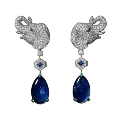 Pendientes colgantes de zafiro de laboratorio y circonita cúbica de plata de ley 925 elefante joyería de cóctel Foto 1 de 4