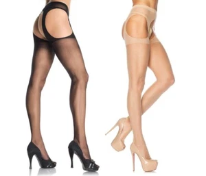 Plain Sheer Suspender Tights Sexy Lingerie Pin Up Classic Black Nude 1901 - Picture 1 of 6