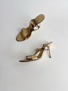 ✨CELINE Metallic Gold Leather Slingback Scalloped Strappy Sandals Size 40.5C