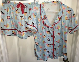 womens 2 pc DISNEY PRINCESS PAJAMAS SET SHORTS TOP button down BLUE CUTE! - Picture 1 of 2