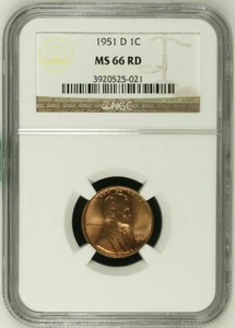 1951 D Lincoln Cent NGC MS 66 RD - Picture 1 of 2