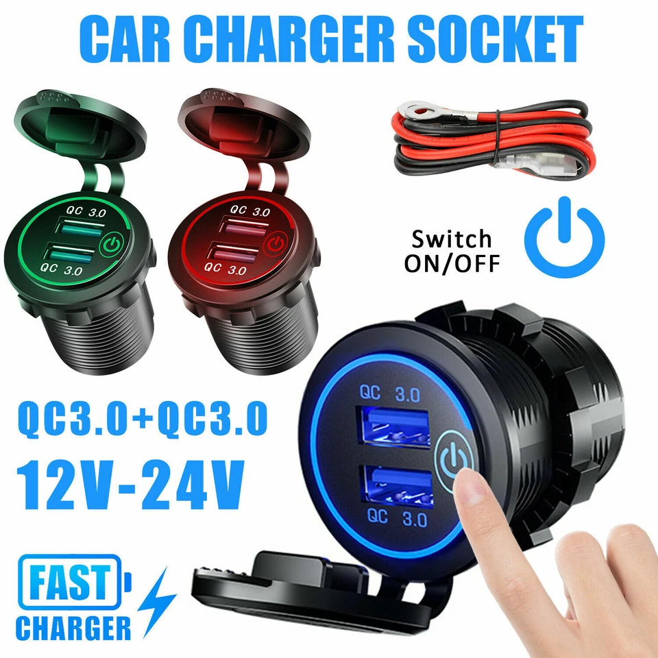 QC 3.0 Doble USB Coche Cargador Rápido Enchufe Toma de Alimentación LED Voltímetro Impermeable - Imagen 1 de 4