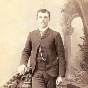 Antique Cabinet Card Photograph Handsome Young Mustache Man Suit Tie Watch Chain - Picture 1 of 8