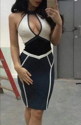 Celeb Boutique XS Grey Halterneck Keyhole Bandage Dress Low Cut 00s Sexy Bodycon - Image 1 of 4