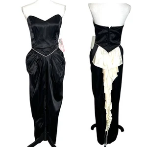 Vestido de noche vintage años 80 L.A. Glo negro satinado con volantes tren graduación vestido glamoroso pequeño - Imagen 1 de 14