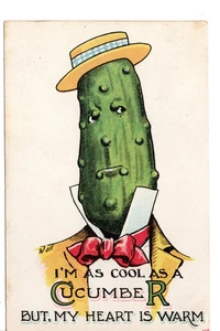 Anthropomorphic Cool as Cucumber Head Man-Signed Wall-Vintage Fantasy Postcard - Picture 1 of 2