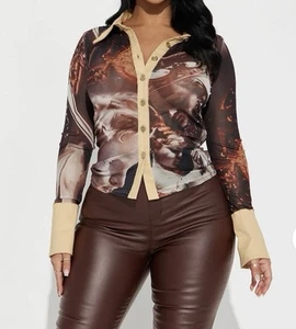 Fashion Nova Medium Brown Combo Abstract Button Up Long Sleeve Mesh Top NWT - Picture 1 of 4