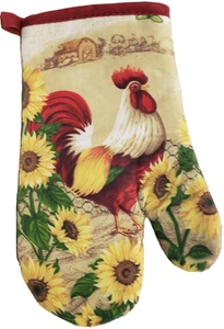 1 Printed Kitchen Oven Mitt (10") ROOSTER & SUNFLOWERS,with red back - Picture 1 of 10