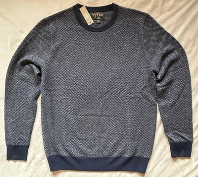 Suéter masculino J.Crew 100% cashmere gola redonda azul marinho e cinza espinha de peixe tamanho M - Imagem 1 de 4