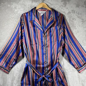 Vintage Patricia Leigh 1x pigiama raso a righe set camicia e pantaloni rosa blu oro - Foto 1 di 22