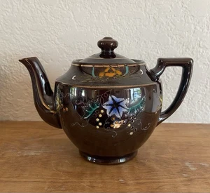 Vtg “Brown Betty” Teapot Brown w/Floral Design Moriage 4.75”T Mid-Century - Picture 1 of 9