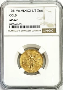 1981 MO GOLD MEXICO 1/4 OZ ONZA FIRST YEAR WINGED VICTORY COIN NGC MINT STATE 67 - Picture 1 of 2