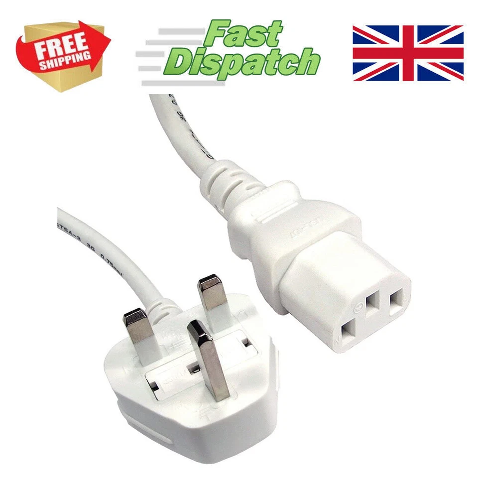 10m extra long IEC Kettle Lead Power cable 3 Pin UK Plug PC Monitor C13 WHITE - Image 1 of 3