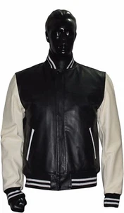Giacca bomber da baseball Varsity Letterman in bianco e nero vera pelle pura - Foto 1 di 6
