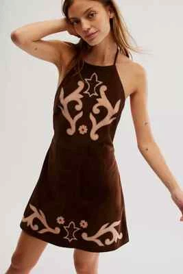 Free People Sienna Brown Suede Halter Floral Embroidery Backless Mini Dress N XS - Image 1 of 4