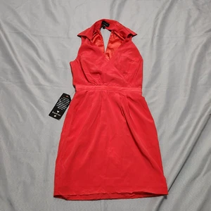 Bebe Y2K 2000s Women Dress XS Pink Coral Silk Collar V Neck Pockets Stretch - Picture 1 of 14