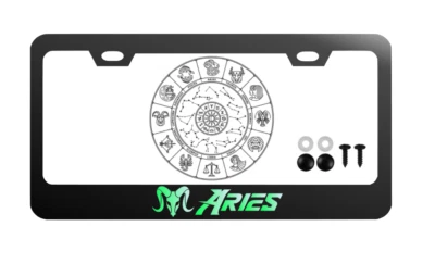 Glowing Zodiac Horoscope Aries Black Metal License Plate Frame Fits all Vehicles - Image 1 of 2