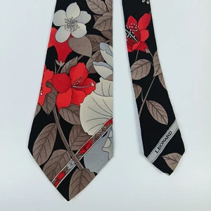 Corbata de seda Leonard para hombre diseño floral negra roja marrón hecha en Italia - Imagen 1 de 9