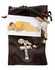 Sleeping St Joseph Corded Wood Rosary Gift Set with Saint Prayer Card and Bag
