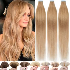 Tape In Stick Russian Remy Human Hair Extensions Skin Weft Full Head 20/40Pieces - Picture 1 of 31