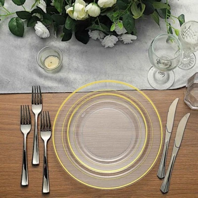 10 piezas PLACAS desechables de plástico transparente con borde dorado fiesta boda eventos Foto 1 de 4