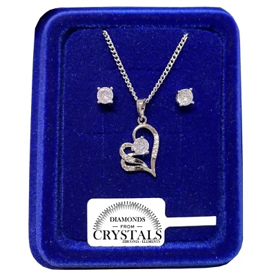 Collana Cuore Stilizzato + Orecchini pl. oro Bianco 18k con Cristalli Zirconi - Immagine 1 di 4