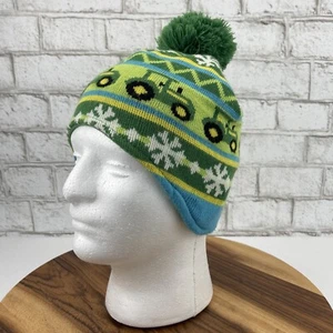 John Deer Toddler Tractor Print Pom Knit Acrylic Fleece Lined Winter Hat Cap - Picture 1 of 12