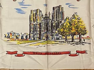 Vintage SOMERSET ENGLAND Cotton Graphic Landmark Printed Tablecloth Wall Hanging - Picture 1 of 10