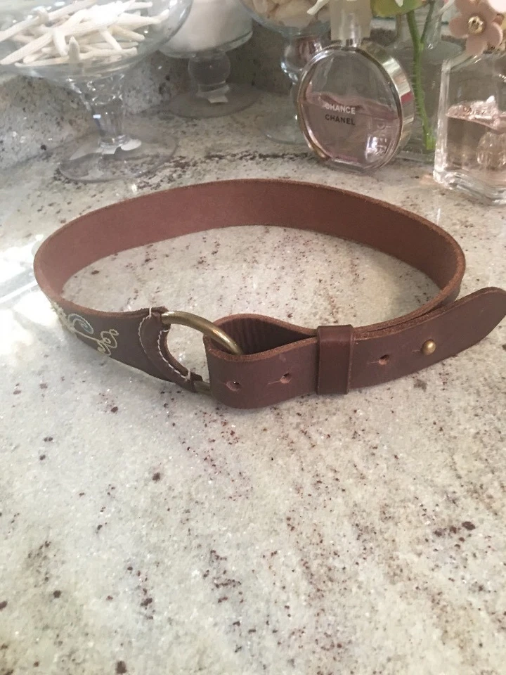 Cinturón de cuero marrón cachemir bordado Lucky Brand India pequeño azul verde boho Foto 1 de 4