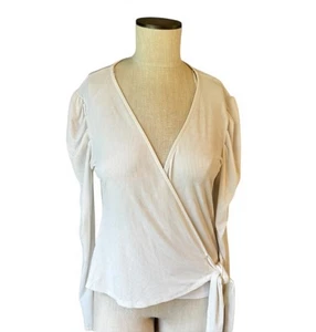Open Edit weißes Puff Langarm geripptes Cross Over Wickel Strick Top Gr. M - Bild 1 von 6
